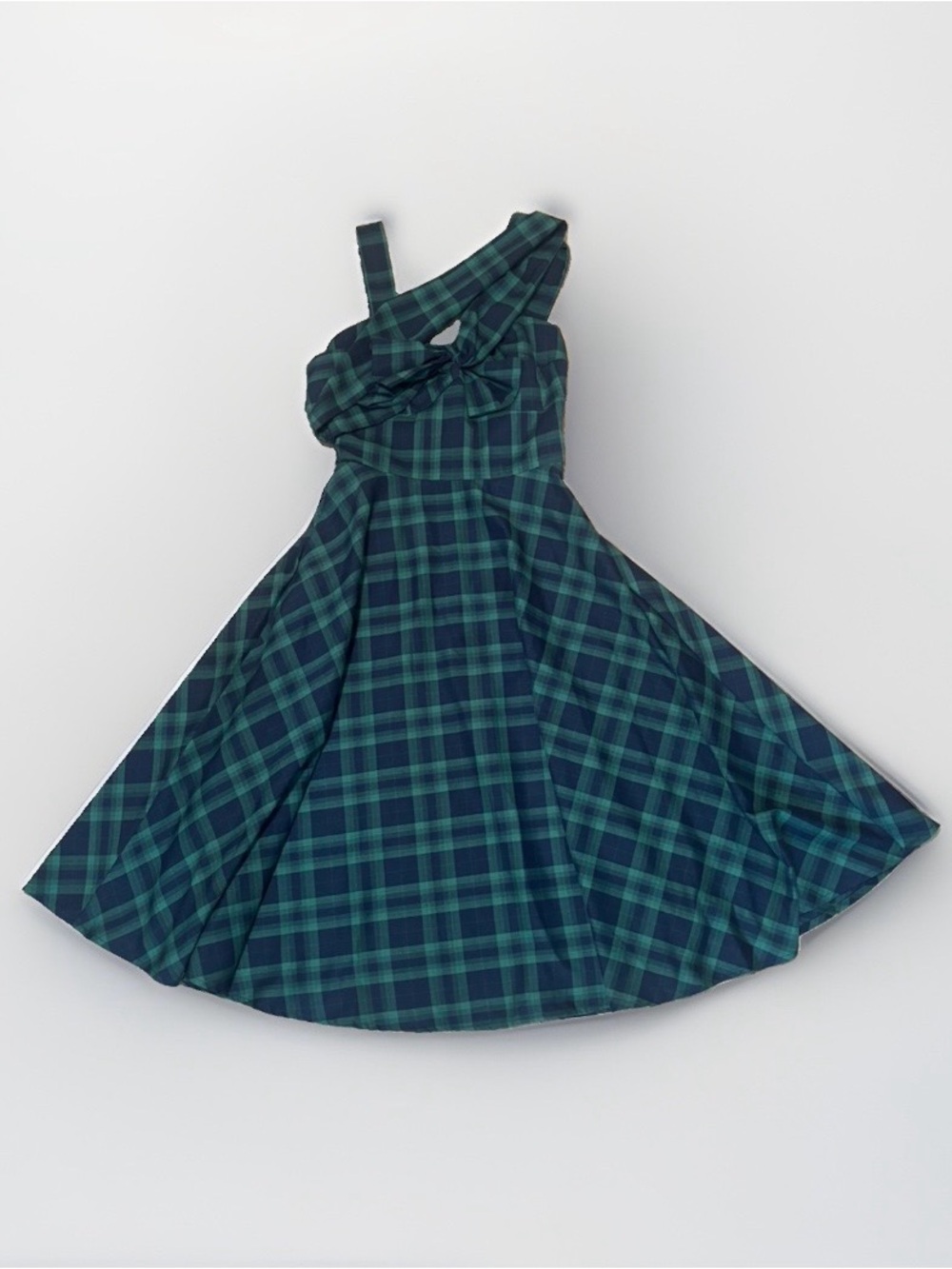 Unique Vintage | A Line Swing Green/Navy Plaid Midi Dress with Bow | Christmas